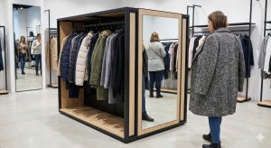 Kệ giữa nhà kết hợp gương soi giúp tối ưu diện tích cho shop quần áo nhỏ.